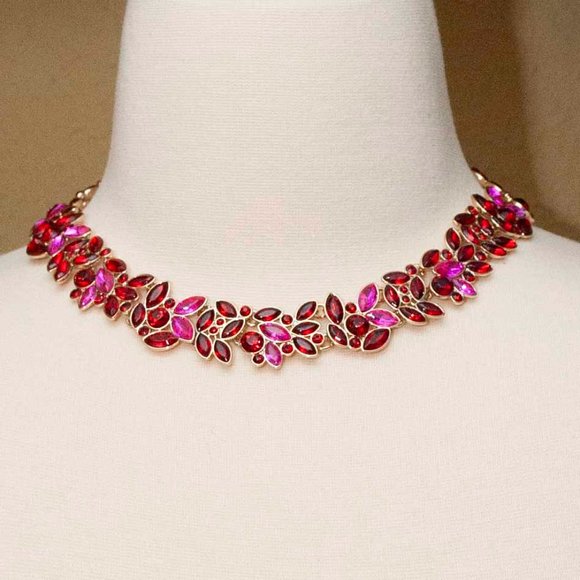 NWT J. Crew Pink and Red Crystal Leaves Statement Necklace - Picture 2 of 7